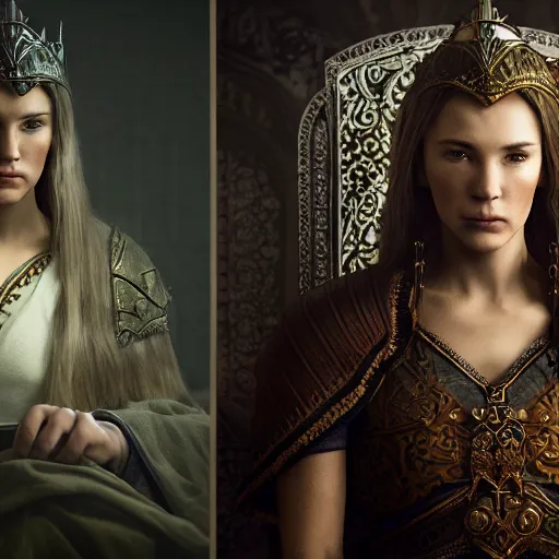 Image similar to the elder scrolls vi, charismatic regal brunette female jarl, portrait, throne room, atmospheric lighting, painted, intricate, volumetric lighting, beautiful, daytime, sunny weather, slight overcast, sharp focus, deep colours, ultra detailed, by leesha hannigan, ross tran, thierry doizon, kai carpenter, ignacio fernandez rios