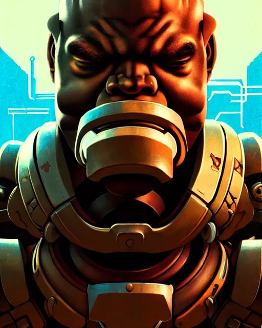 Image similar to doomfist from overwatch, slight smile, elegant, character portrait, portrait, close up, concept art, intricate details, highly detailed, vintage sci - fi poster, retro future, in the style of chris foss, rodger dean, moebius, michael whelan, and gustave dore