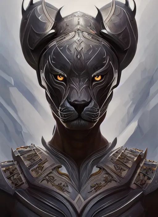 Image similar to symmetry!! portrait of a panther, d & d, armour! muscular, fantasy, intricate, elegant, highly detailed, digital painting, artstation, concept art, smooth, sharp focus, illustration, art by artgerm and greg rutkowski and alphonse mucha