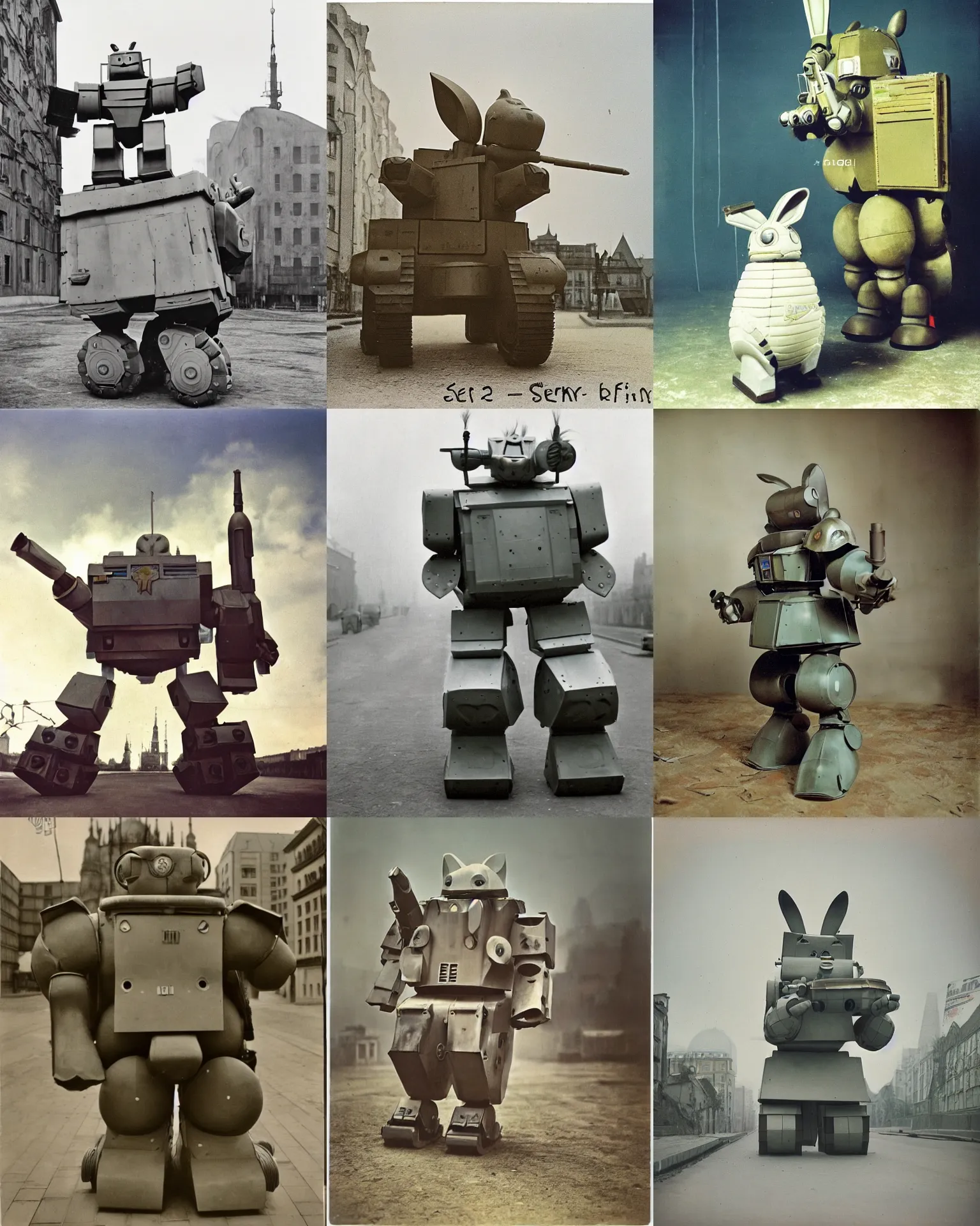 Prompt: giant oversized chubby bulky armored rabbit robot mech, with big rabbit ears, rocket launcher , middle of 1939 year color berlin , Cinematic focus, color Polaroid photo, vintage, neutral colors, soft lights, foggy, by Serov Valentin, by lisa yuskavage, by Andrei Tarkovsky