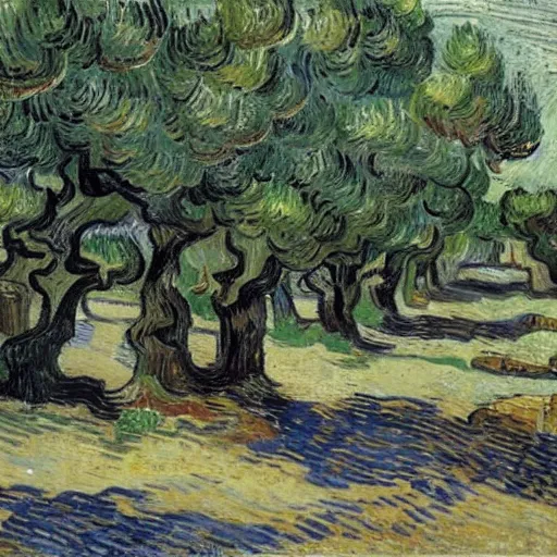 Image similar to olive trees in an ancient greek temple landscape, trending on art station, painting by vincent van gogh