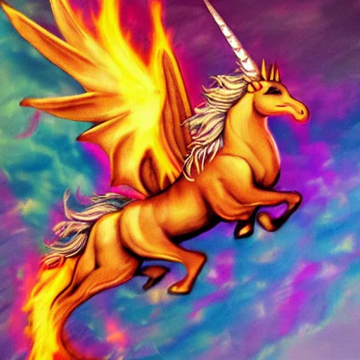 Image similar to unicorn dragon spitting rainbow fire, realistic