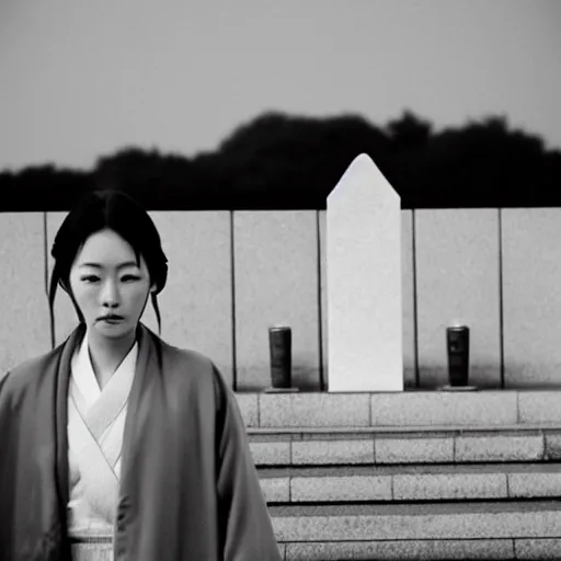 Image similar to black and white photo full shot of beautiful deep thinking Japanese women with perfect eyes and simetrical face, standing in the cementary at night, shot by Akira Kurosawa perfect cinematic light, 8k, highl details, sharp