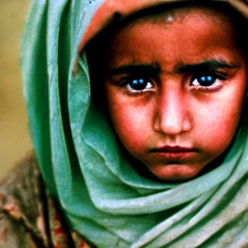Prompt: nicholas cage as a little afghani girl close - up by steve mccurry