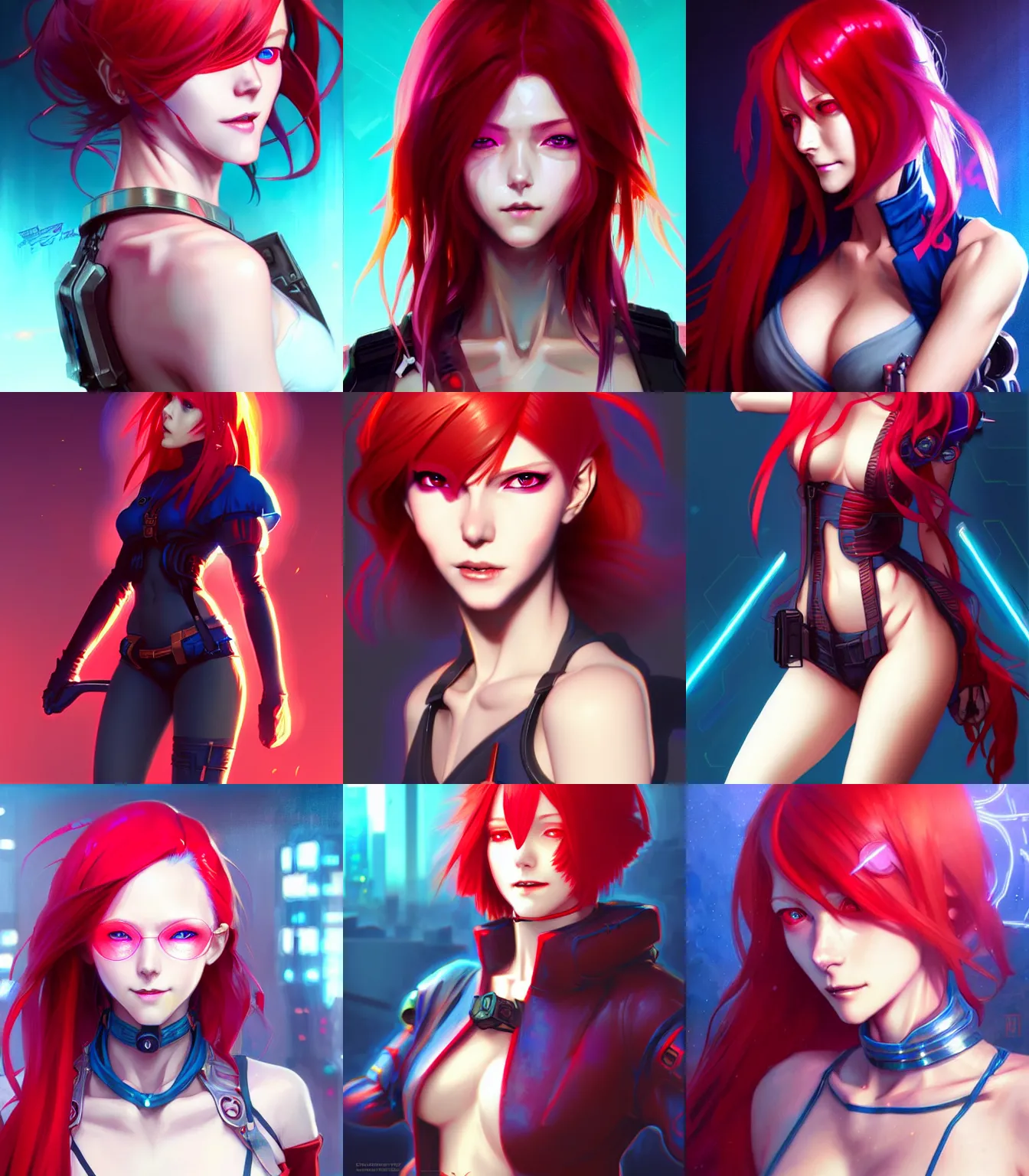 Prompt: cyberpunk anime girl with vibrant red hair, hourglass slim figure, blue eyes, dungeons and dragons portrait, lovely smile, highly detailed, digital painting, artstation, concept art, sharp focus, illustration, art by artgerm and greg rutkowski and alphonse mucha