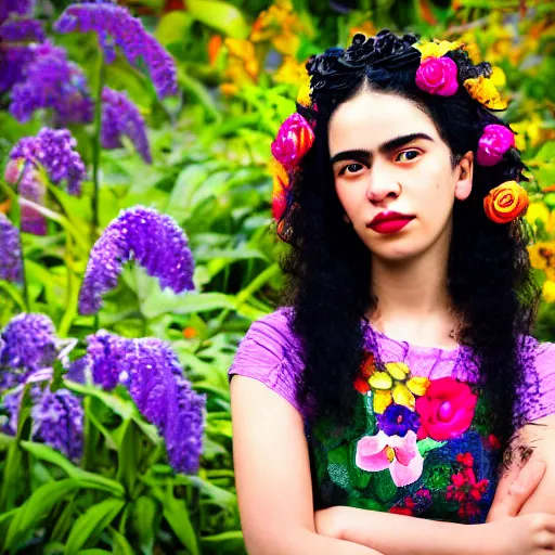 Prompt: photo of a young teen woman with black curly hair, by frida kahlo, portrait photography, nature background, bright colors, outdoor photography, 4 k, flowers in background, bokeh