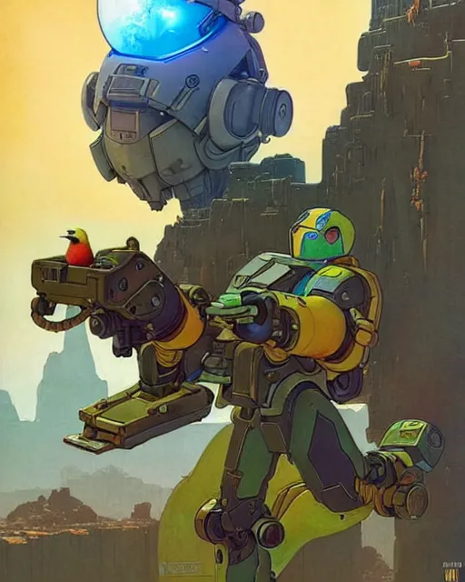 Image similar to bastion the friendly from overwatch, with his pet bird, character portrait, portrait, close up, concept art, intricate details, highly detailed, vintage sci - fi poster, retro future, in the style of chris foss, rodger dean, moebius, michael whelan, katsuhiro otomo, and gustave dore