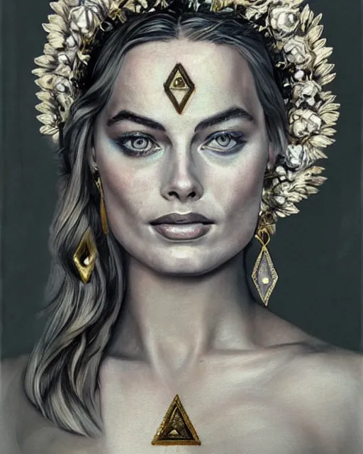 Image similar to realism tattoo sketch of margot robbie as a beautiful greek goddess aphrodite with piercing eyes wearing a laurel wreath and triangle earrings, in the style of greg rutkowski, amazing detail