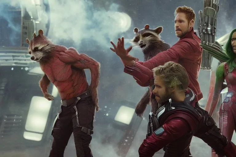 Prompt: VFX movie closeup guardians of the galaxy and the avengers fight scene by Emmanuel Lubezki