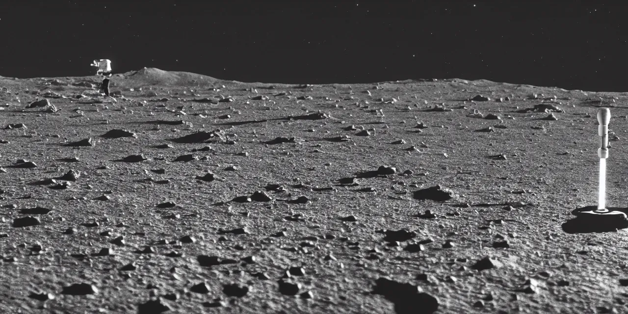 Image similar to closeup black and white photo from the surface of the moon, cinematic film still, glowing landing lights on spaceship, stars and space in the background,