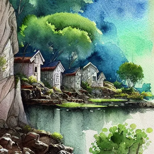 Prompt: beautiful happy picturesque charming sci - fi organic homes in a beautiful natural scene. water, trees and rocks. beautiful light. soft colour scheme. beautiful artistic detailed watercolor by lurid. ( 2 0 2 2 )