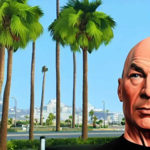 Prompt: Captain Jean Luc Picard in GTA V. Los Santos in the background, palm trees. In the art style of Stephen Bliss.