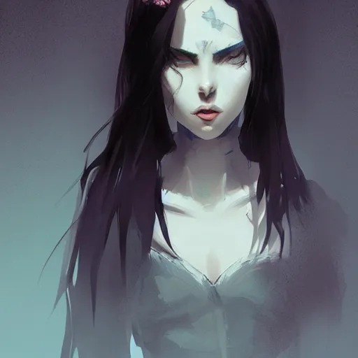 Image similar to female human vampire witch in the style of greg rutkowski, makoto shinkai, trending on artstation, character design, concept art, pretty face, highly detailed, long black hair, portrait, digital art