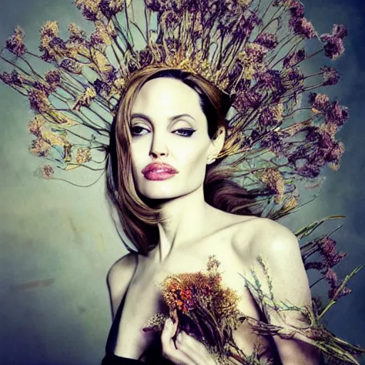 Image similar to fine art photo of angelina jolie, she has a crown of dried flowers, by oleg oprisco