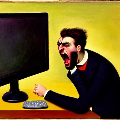 Image similar to an angry man yells at his computer monitor, oil on canvas, 1 9 0 1