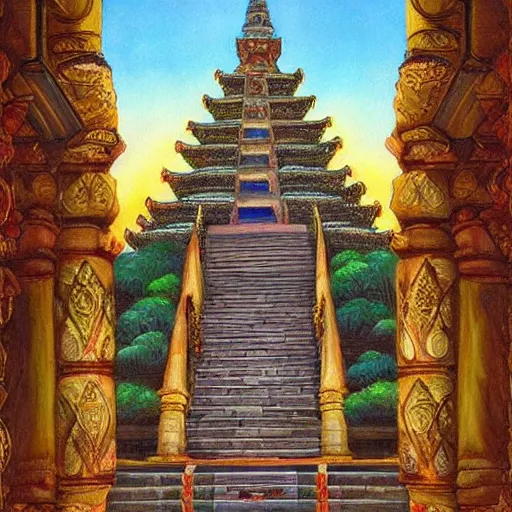 Image similar to a beautiful painting of a monument thathowe, a sacred site, pagoda, lightbeams, royal jewels, majestic medieval art by james gurney, no copyright name, aztec jad