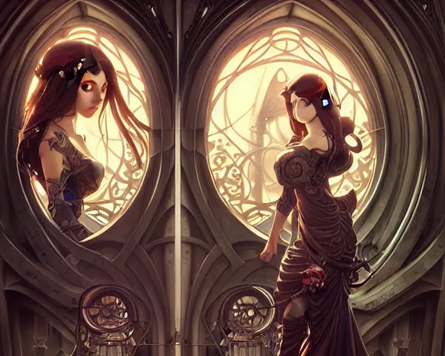 Prompt: A couple with mechanical eyes, art nouveau, fantasy, intricate steam pipe designs, elegant, highly detailed, sharp focus, art by Artgerm and Greg Rutkowski and WLOP