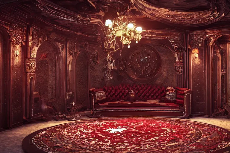 Image similar to red baroque steampunk spaceship interior, viewport, commander's deck made of bone, rendered in unreal engine 5, cryengine, arnold and zbrush, epic lighting. persian rug, pipes, luxury furniture