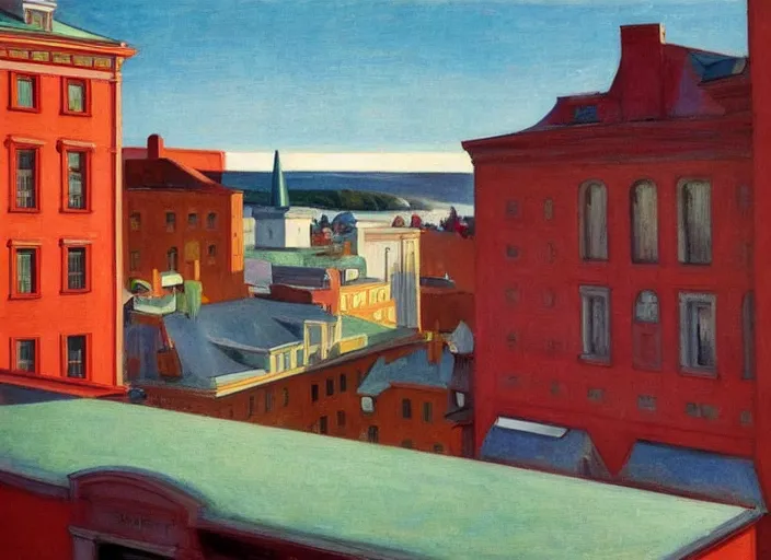 Image similar to a view of a finnish town from a hotel window in the afternoon, oil painting by edward hopper