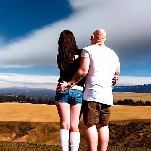 Image similar to portrait of a young chunky bald white male tattoos and his young white female brown hair wife with tattoos. male is wearing a white t - shirt, tan shorts, white long socks. female is has long brown hair and a lot of tattoos. photo taken from behind them overlooking the field with a goat pen. rolling hills in the background of california and a partly cloudy sky