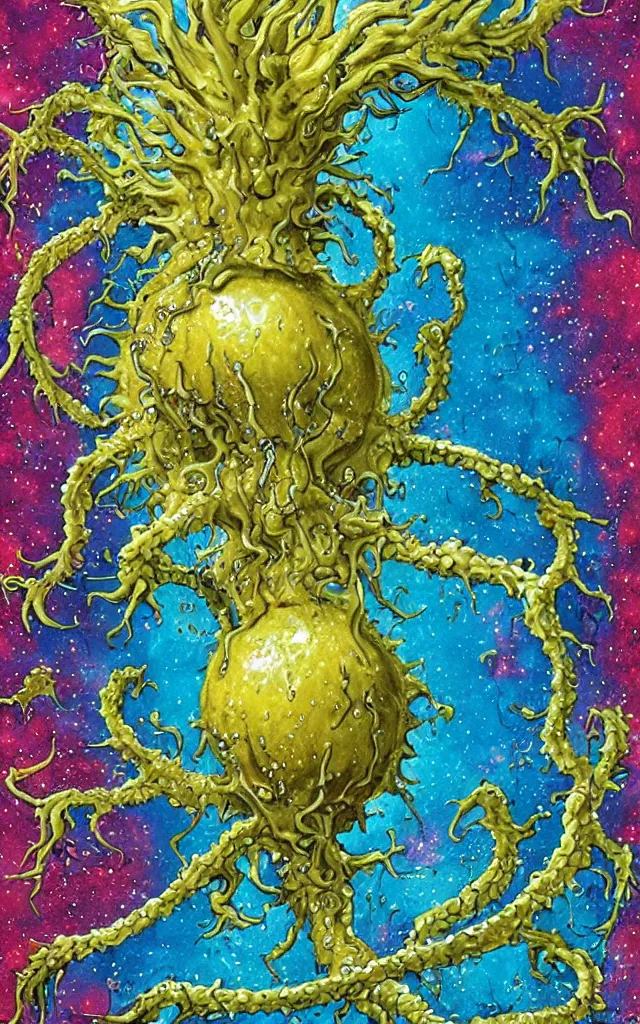 Image similar to a lemon crushed surrounded by giant airbrushed hallucigenia glimmering and drips of water, black background, airbrush fantasy 80s, masterpiece