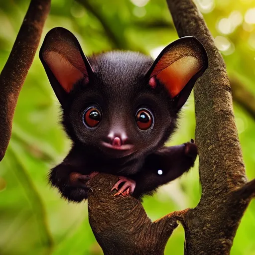 Image similar to very very very very cute chibi baby fruit bat, portrait, pixar style, forest background, cinematic lighting, award winning creature portrait photography