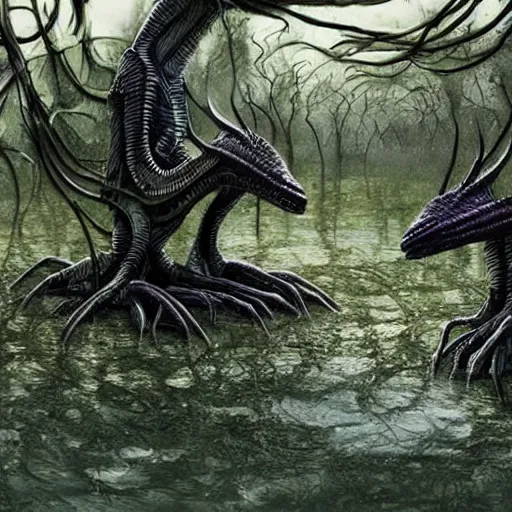 Image similar to strange alien creatures living in a swamp, photo realistic, highly detailed