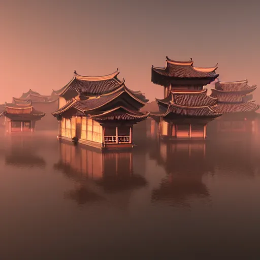 Prompt: old asian village, early red sunlight, contrast shadows, mist, fog, water ripples, detailed, photorealistic, artstation -