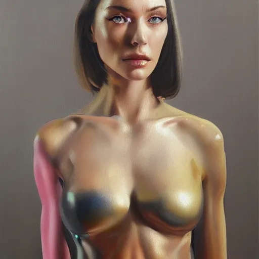 Image similar to cyborg fashion model, hyperrealism oil painting, artstation, soft colors