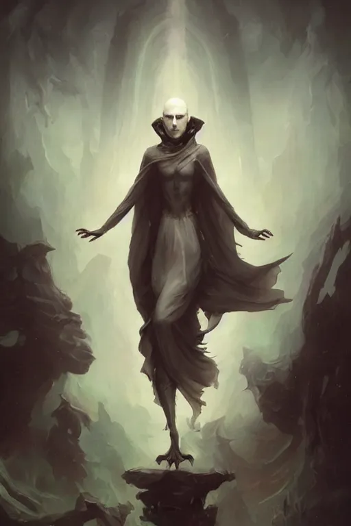 Image similar to a humanoid creature of pure imagination with pale white skin and a gaunt face. the creature is bald. it is wearing a black flowing cloak that looks like mist. art by peter mohrbacher.