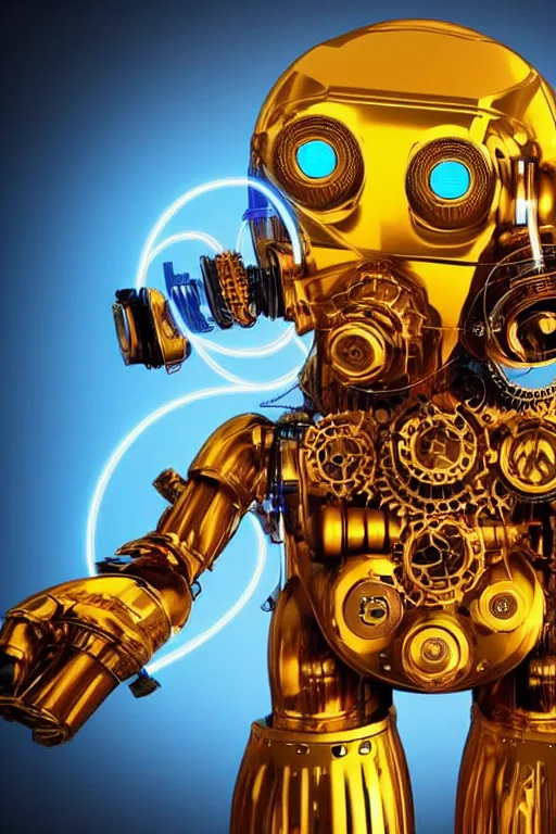 Image similar to portrait photo of a giant huge golden and blue metal humanoid steampunk robot witha huge camera on the head, with gears and tubes, eyes are glowing red lightbulbs, shiny crisp finish, 3 d render, 8 k, insaneley detailed, fluorescent colors, background is multicolored lasershow