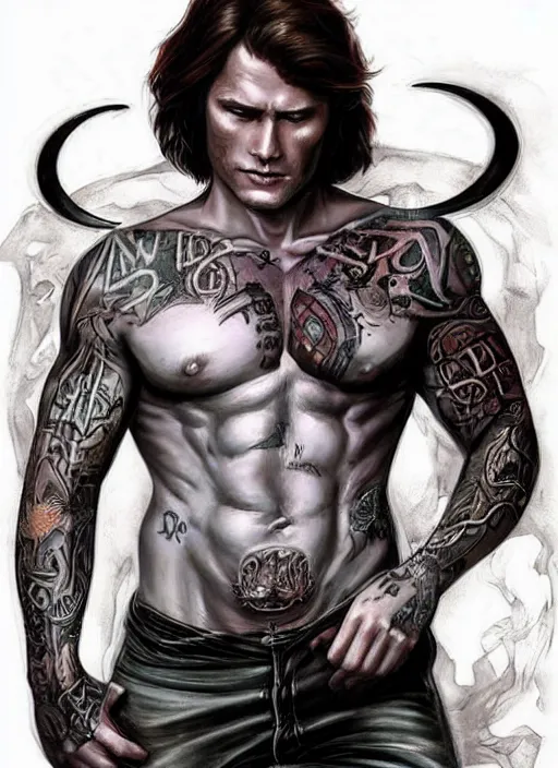 Image similar to handsome! Sam Winchester as a muscular whole body tattooed with runes and religious symbols, urban fantasy romance book cover, D&D!, fantasy style, sharp focus!, ultra detailed, art by Artgerm and Peter Andrew Jones, WLUP