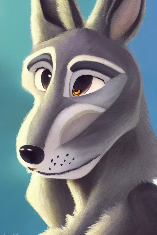 Image similar to oil painting of anthromorphic female wolf, in style of zootopia, female fursona, furry, furaffinity, 4 k, deviantart, furry art, fursona art, wearing black business suit, business suit, wolf fursona, female, very expressive detailed feminine face,