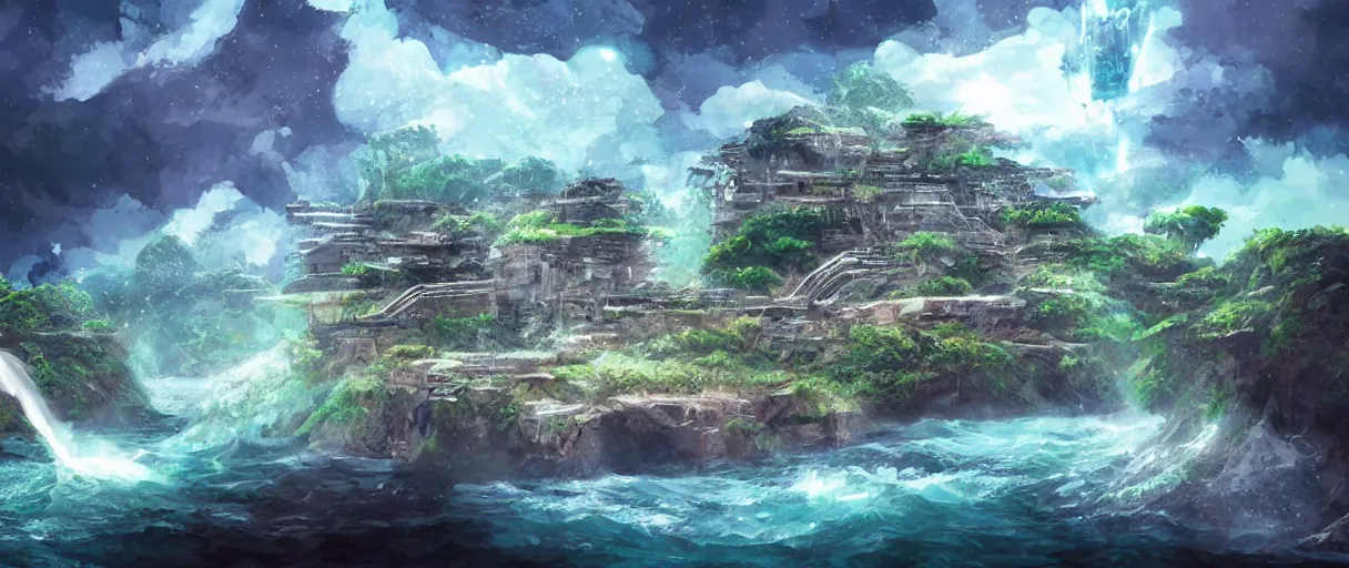 Image similar to a small crumbling island in space with waterfalls, studio ghibli, digital art, detailed, depth of field