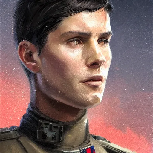 Image similar to portrait of a man by greg rutkowski, british features, short black hair in military style, perfect military composure, wearing an starfighter pilot uniform of the galactic republic, star wars expanded universe, he is about 2 0 years old, highly detailed portrait, digital painting, artstation, concept art, smooth, sharp foccus ilustration, artstation hq