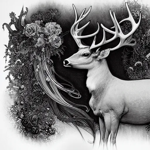 Prompt: black and white deer, with highly detailed with red flowers, long flowing mane and tail, ultra high detail, symmetry, in a hellscape, detail art style of alfons maria mucha, and peter mohrbacher atyles god lighting