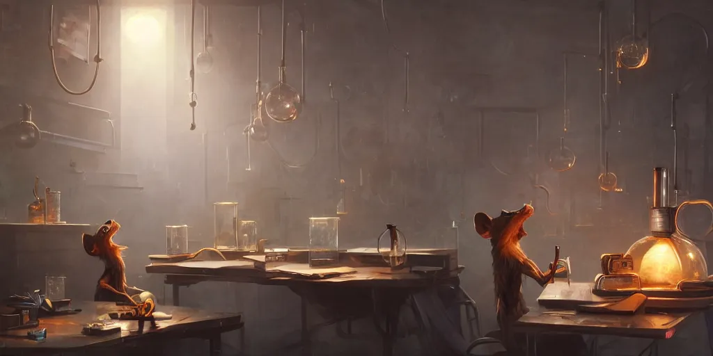 Image similar to humanoid rat in a laboratory sitting at a desk with lots of flasks filled with magic liquids and poisonous fog, stephen bliss, unreal engine, fantasy art by greg rutkowski, loish, rhads, ferdinand knab, ilya kuvshinov, rossdraws, tom bagshaw, global illumination, radiant soft light, detailed and intricate environment