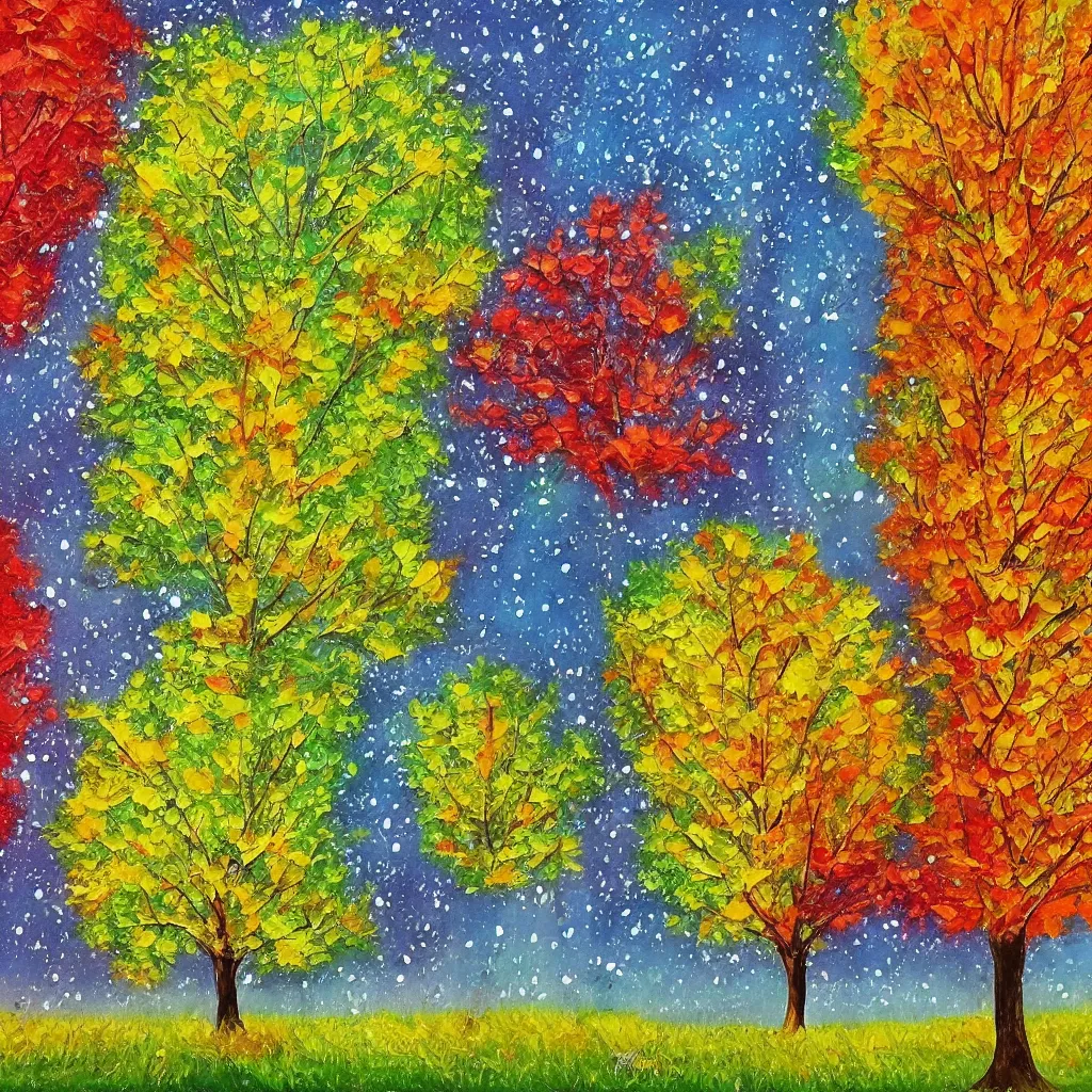 Prompt: a beautiful painting of one single tree representing all four seasons. Spring, Summer, Autum, Winter.