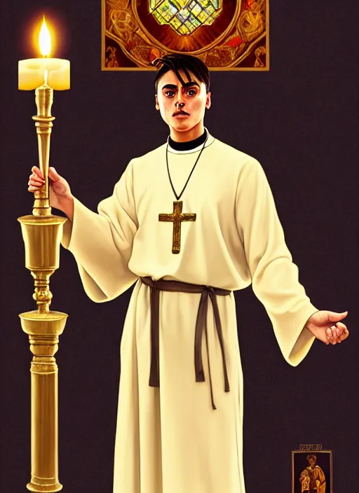 Prompt: paulo dybala as a priest wearing robes. holding golden candlestick, in a monestry natural lighting, path traced, highly detailed, high quality, digital painting, by don bluth and ross tran and studio ghibli and alphonse mucha, artgerm