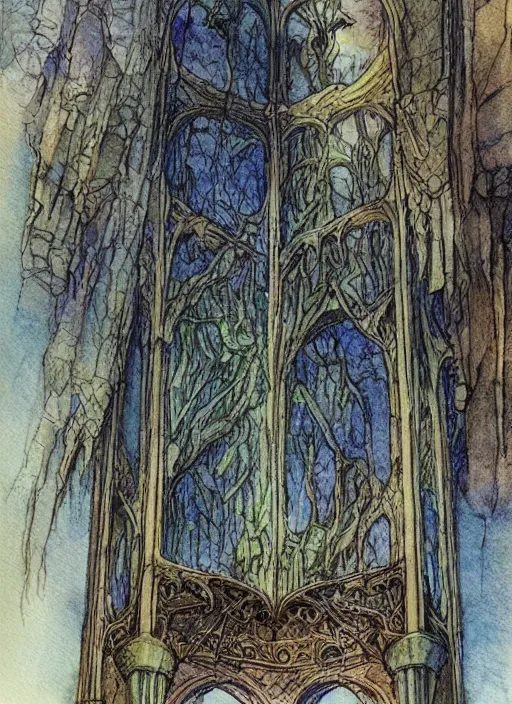 Image similar to pipe organ shaped like a tree, detailed fantasy watercolor comic style, subtle colors, by alan lee and john howe