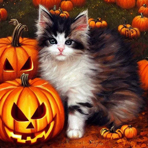 Prompt: a cute fluffy kitten amidst piles of pumpkins. halloween autumn fall art. beautiful painting by henriette ronner - knip and artgerm and greg rutkowski