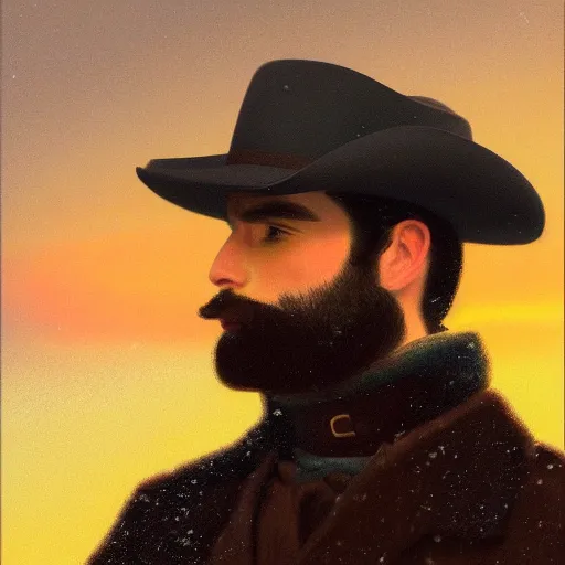 Prompt: portrait of Orville Peck in a snowy landscape at sunset, by Mark Maggiori, by Alfred Bierstadt, by Tom of Finland, golden hour, epic, hyperrealistic, trending on artstation