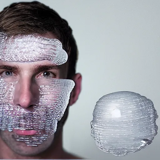 Prompt: portrait of a man who's face is made of bubble wrap plastic, he looks terrified, realistic photoshop