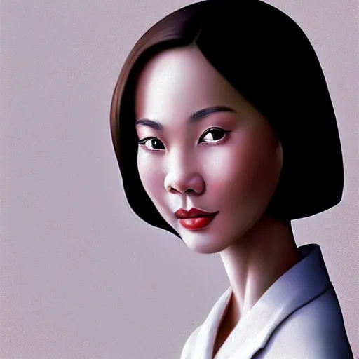 Prompt: beautiful portrait of an enthusiastic, dainty, slim, delighted vietnamese, ( waitress ) girl, stunning, intelligent, fashionable, vivid!!, sharp, crisp, ultra ambient occlusion, reflective, universal shadowing, fantasy art, extremely even lighting, art by wlop, vladimir kush!!, ilya, yasar vurdem