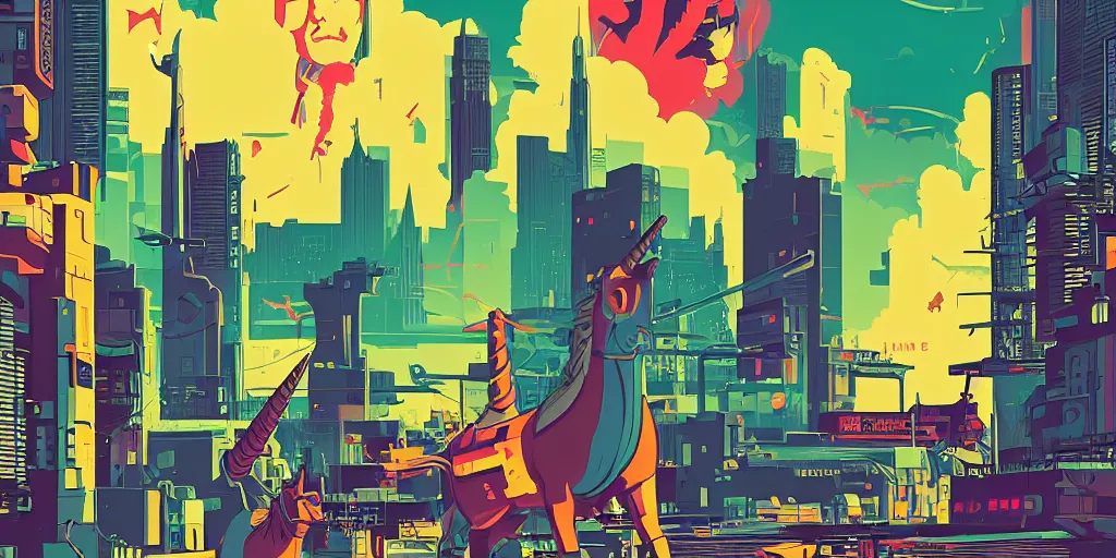 Image similar to unicorn in a futuristic cyberpunk town. By Tom Whalen, highly detailed