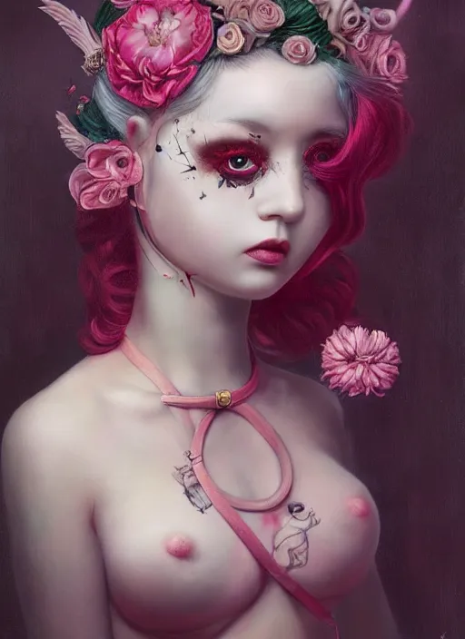 Image similar to pop surrealism, lowbrow art, realistic seductive cute woman painting, pink body harness, long hair, japanese shibari with flowers, hyper realism, muted colours, rococo, natalie shau, loreta lux, tom bagshaw, mark ryden, trevor brown style,