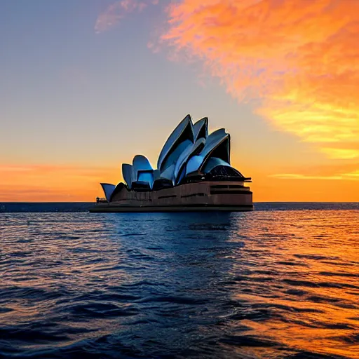 Prompt: the sydney operah house as a giant sailboat in the ocean with a beautiful sunset