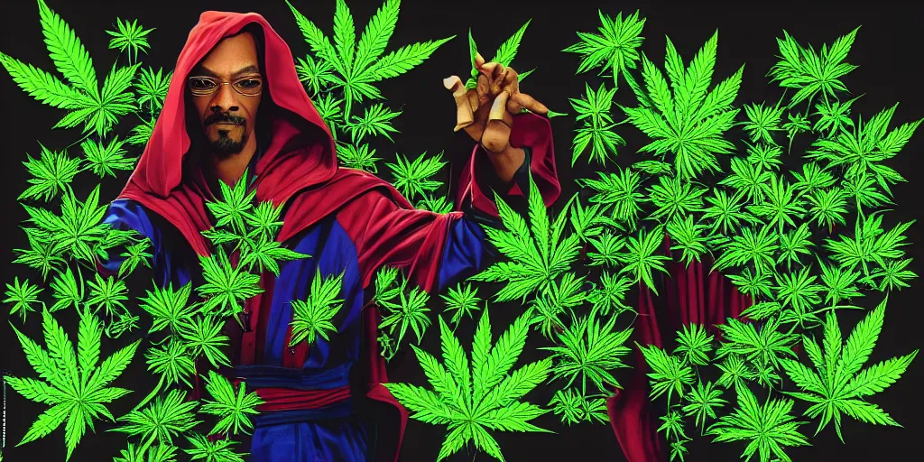 Prompt: snoop dogg doctor strange, marijuana, marijuana leaves, green light, highly detailed, cinematic by francis tneh, marvel cinematic universe, mcu, photo