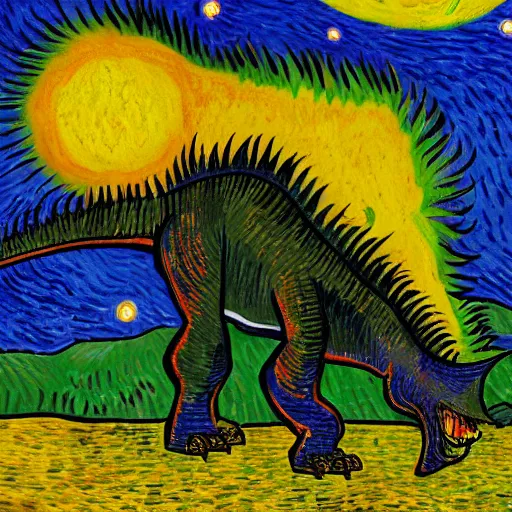 Prompt: painting of the extinction of the dinosaurs with asteroid and fire, in the style of vincent van gogh