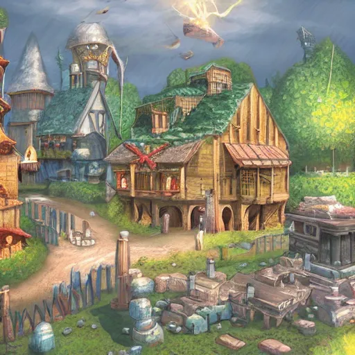 Prompt: fantasy town, game concept art, illustration,